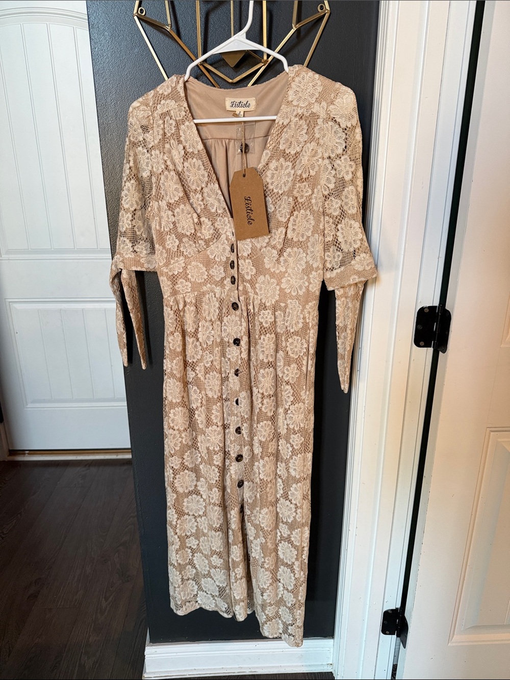 Long Button-Front Floral Lace Dress in Beige